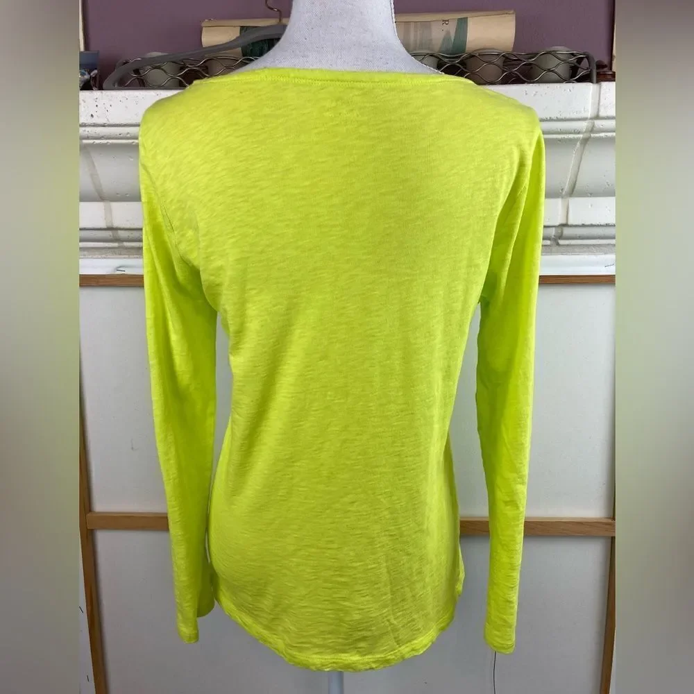 JCrew Painter T long sleeved bright citron boat neck, brass buttons on shoulders